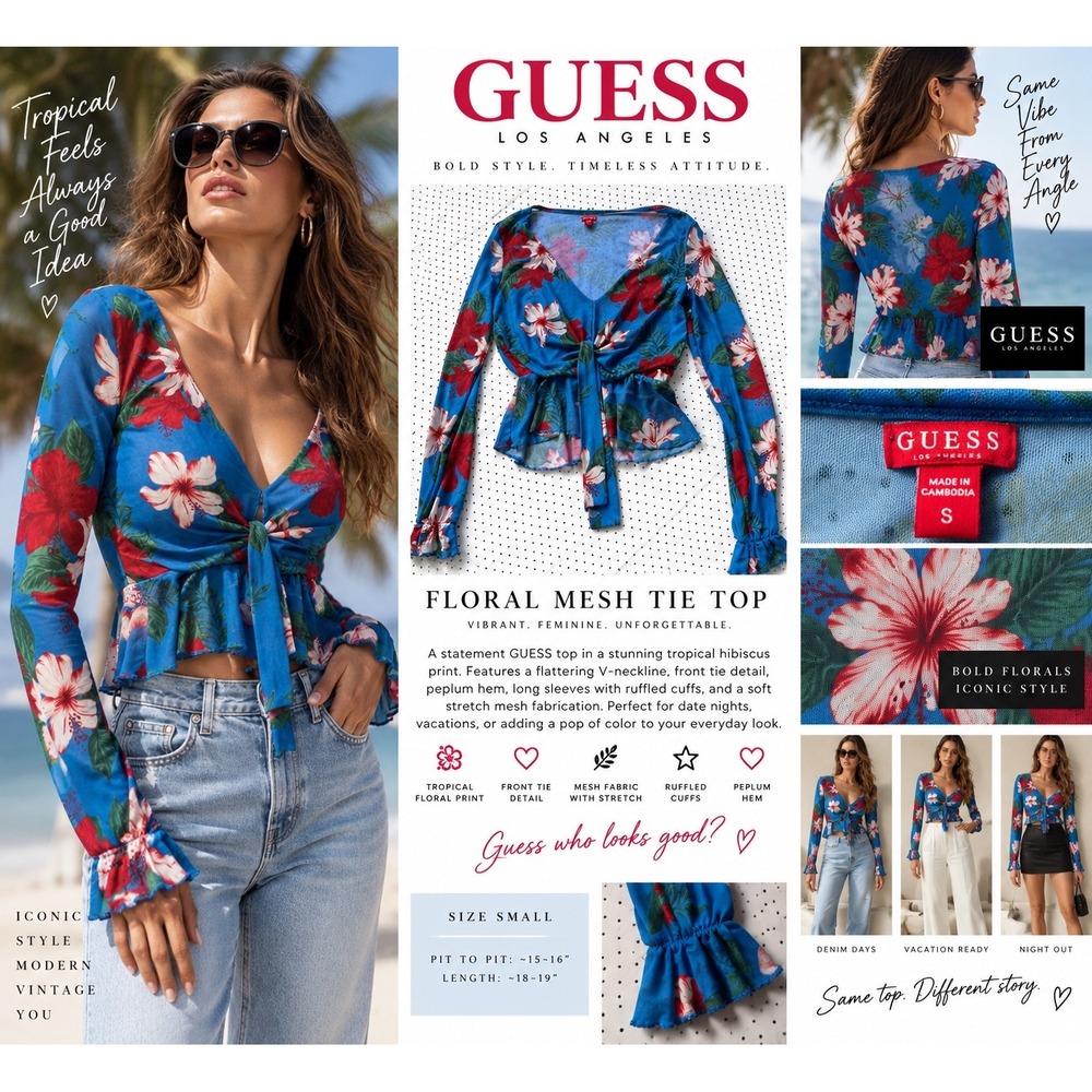 GUESS Y2K Floral Mesh Top Womens S Blue Hibiscus Tie Front Peplum Long Sleeve